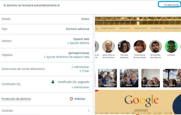 renovado el dominio jaimejalon por cinco años factor importante para algoritmo del motor de busqueda Google